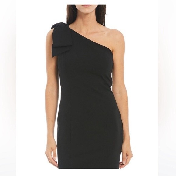 Marina Asymmetric Neck One Bow Shoulder Sleeveless Stretch Crepe Sheath Dress - Picture 1 of 14